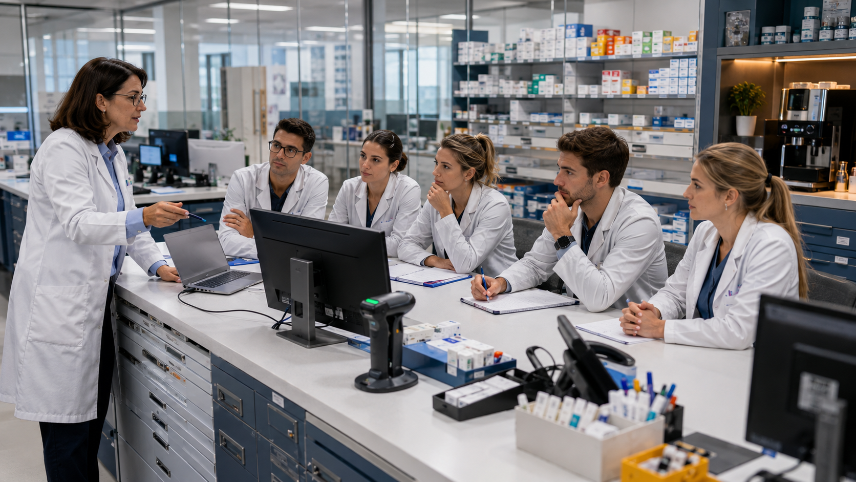 Equipo de farmacéuticos en formación