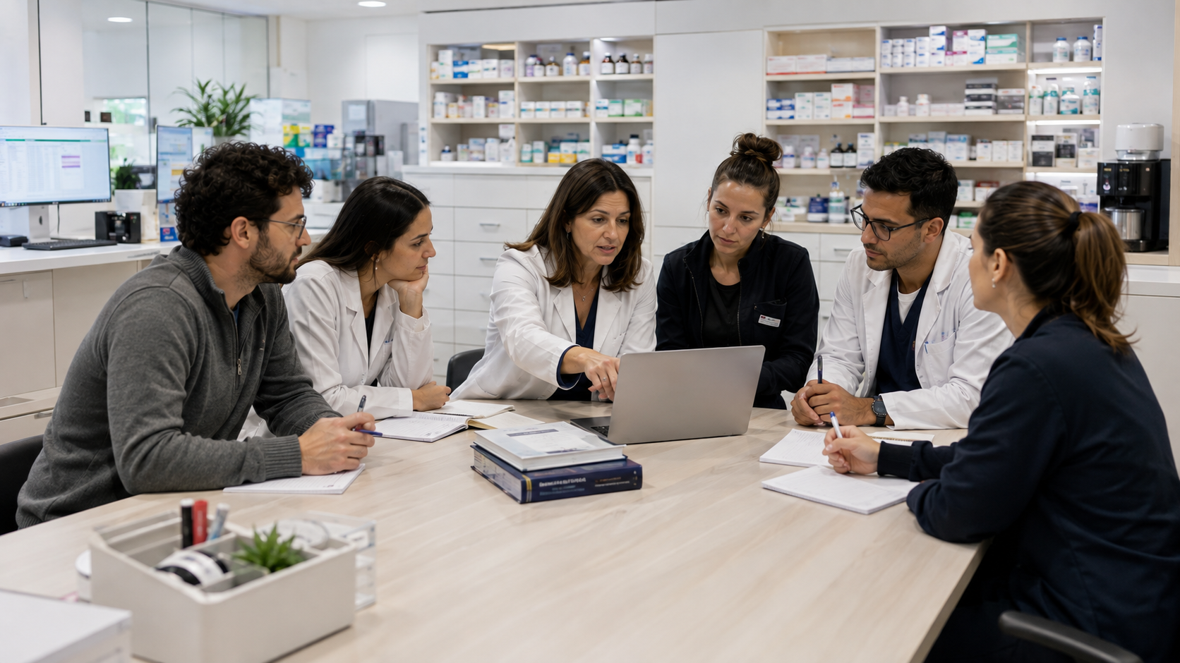 Equipo de farmacéuticos formándose juntos