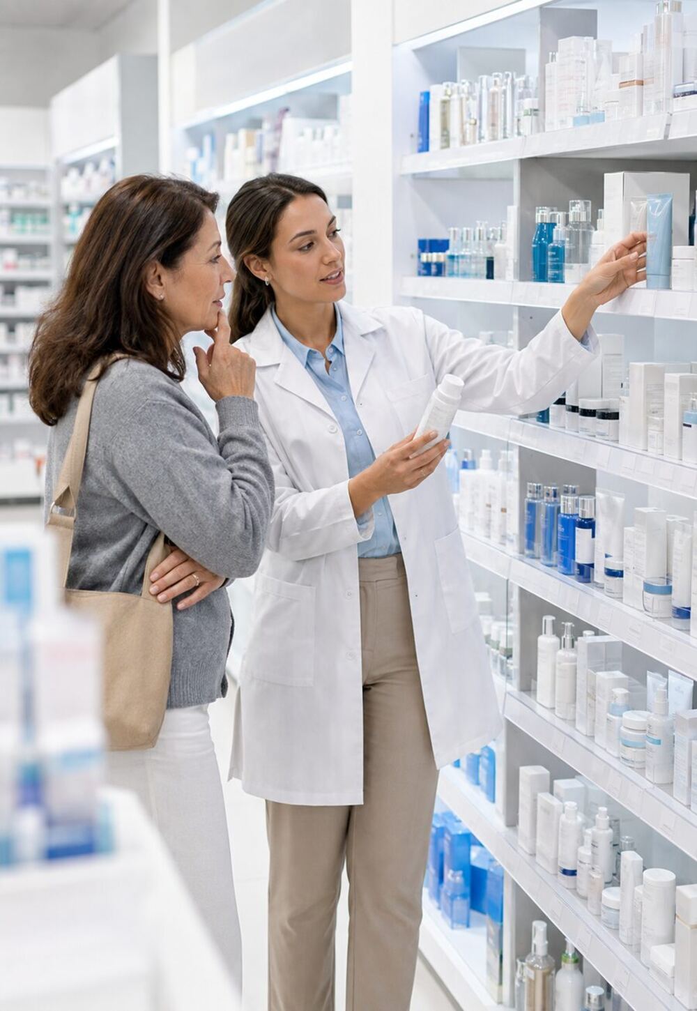 Farmacéutica recomendando un producto en el mostrador